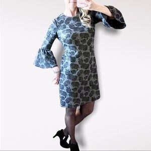 Calvin Klein Quilted Black & Gray Floral Dress with Flared Sleeves Size 4